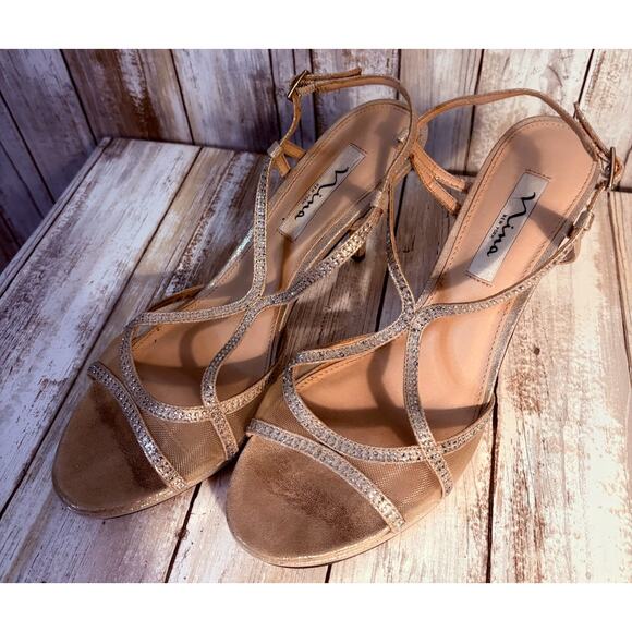 Nina Blossum Champagne Rhinestone Evening Sandals - 9.5 - Picture 1 of 8
